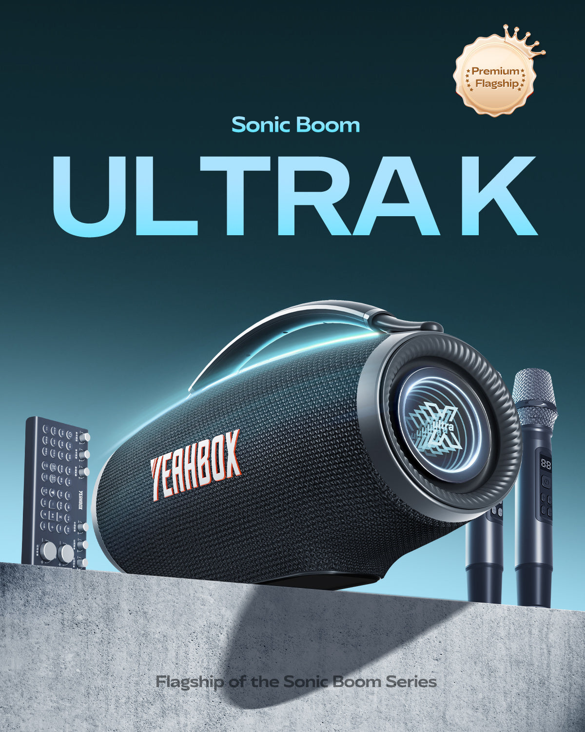 YEAHBOX Sonic Boom Ultra K Portable Bluetooth Party Karaoke Speaker with Dual Wireless Microphones & Mixer, 320W Rated / 500W Peak,