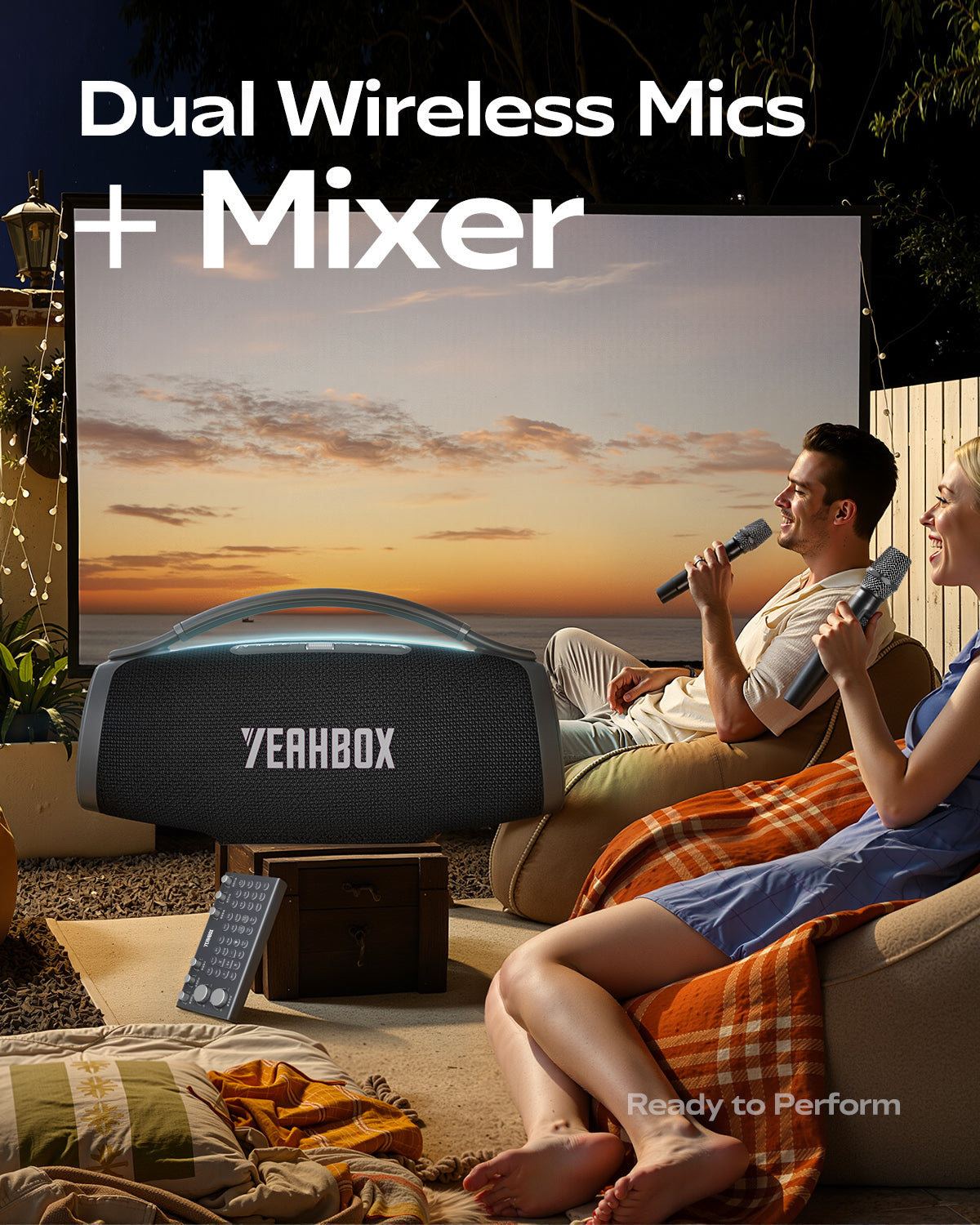 YEAHBOX Sonic Boom Ultra K Portable Bluetooth Party Karaoke Speaker with Dual Wireless Microphones & Mixer, 320W Rated / 500W Peak,