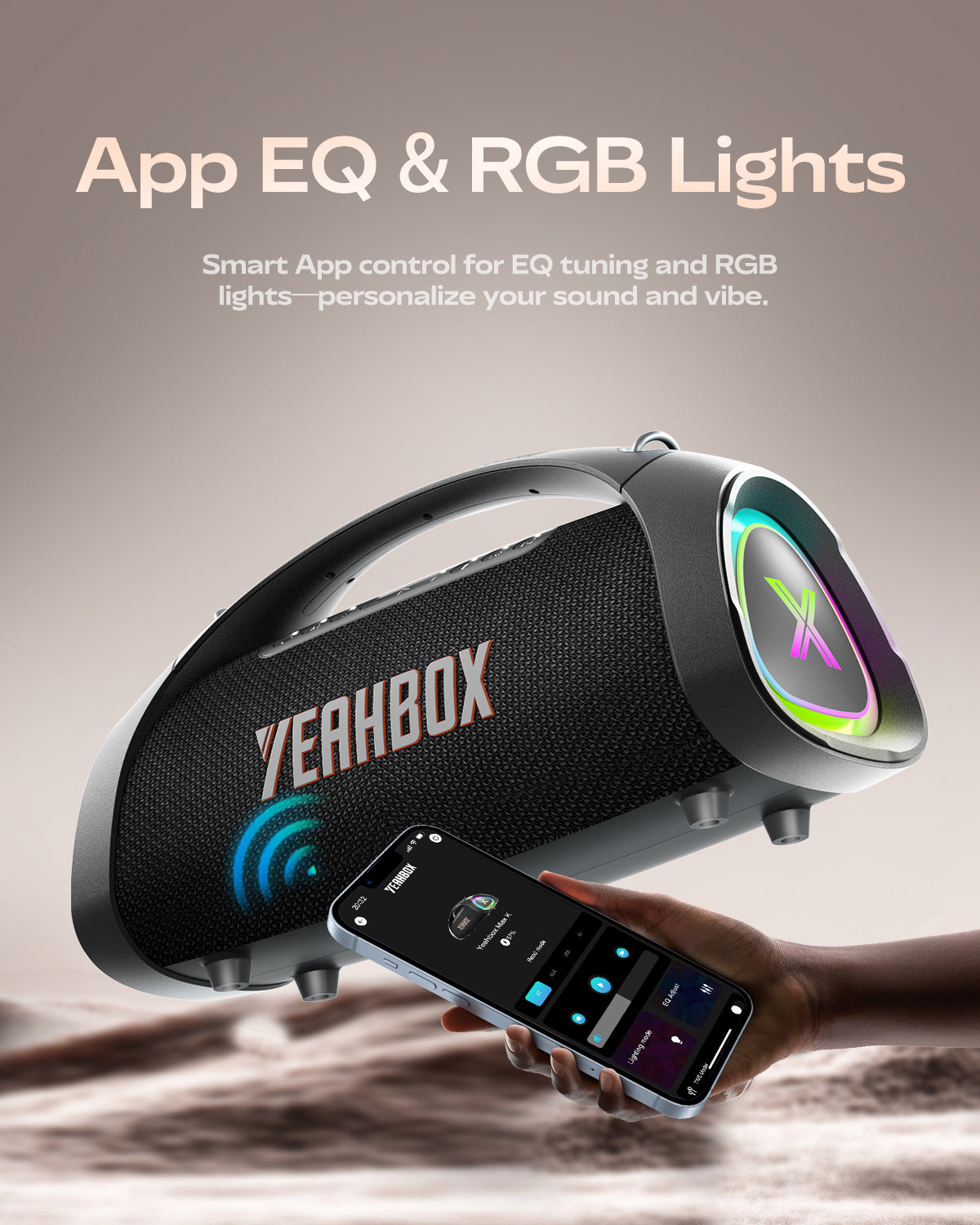 YEAHBOX Sonic Boom Max K Bluetooth Karaoke Speaker with 2 Wireless Microphones, 200W RMS / 300W Peak Power, Smart App EQ, RGB Party Lights, IPX6 Waterproof