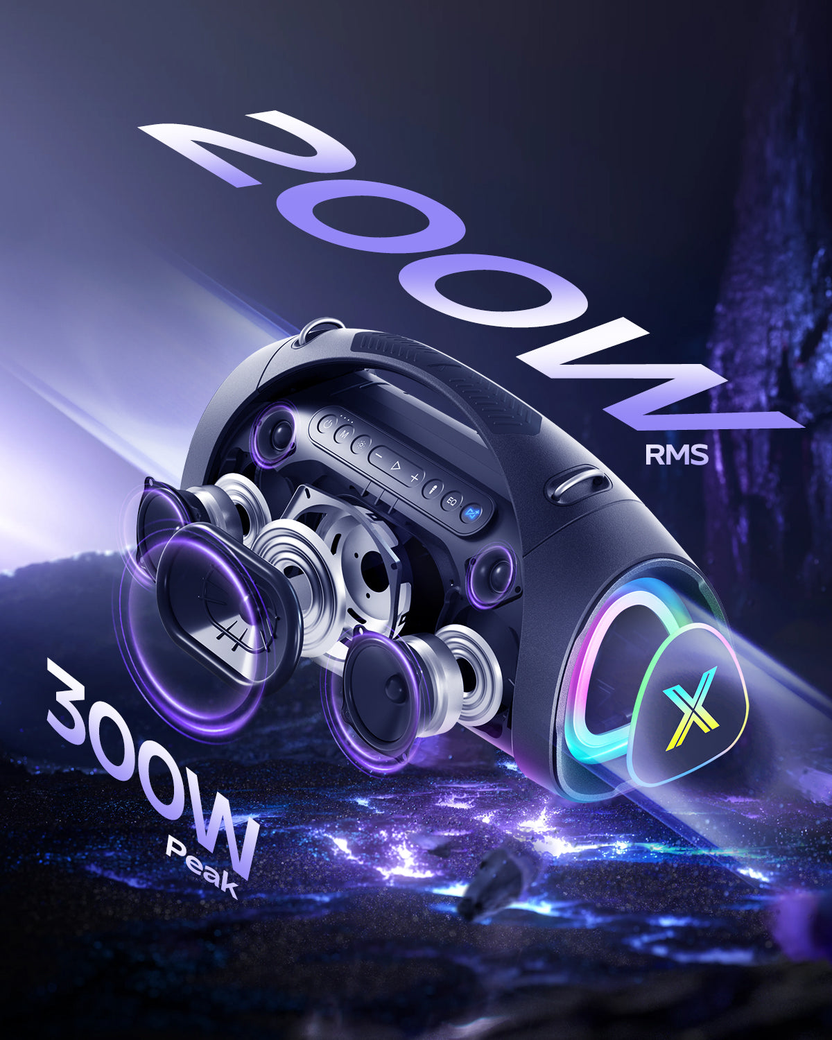 YEAHBOX Sonic Boom Max K Bluetooth Karaoke Speaker with 2 Wireless Microphones, 200W RMS / 300W Peak Power, Smart App EQ, RGB Party Lights, IPX6 Waterproof