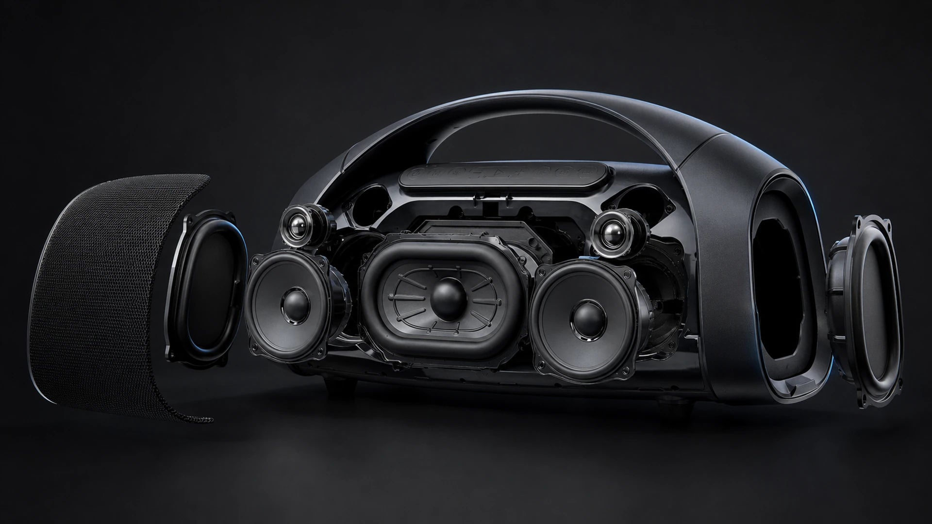 Exploded acoustic view of Sonic Boom Max with one central racetrack woofer, two midrange drivers, two tweeters, and two side passive radiators