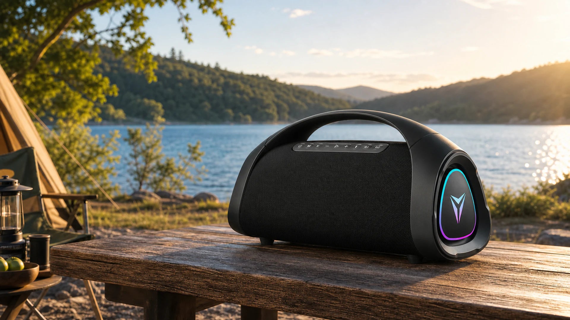 Sonic Boom Max from a rear-side angle at a natural lakeside campsite during golden hour