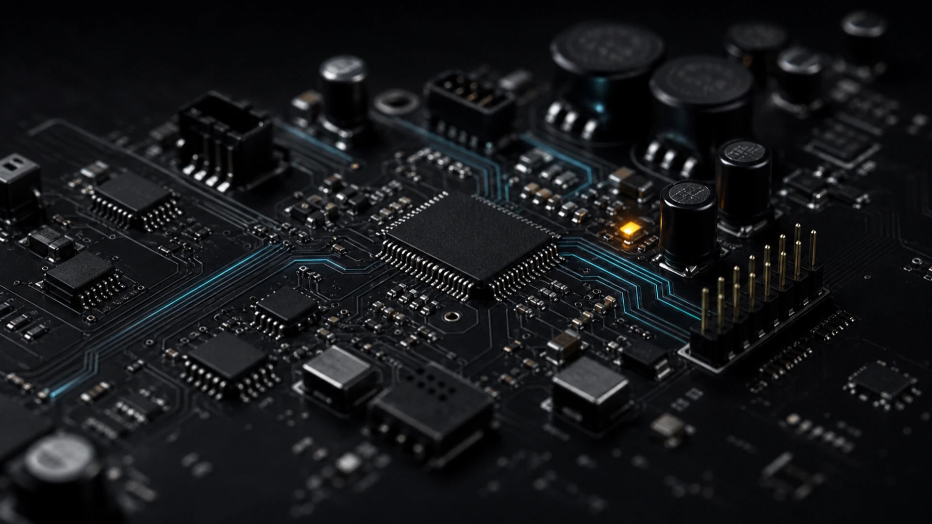 Professional macro view of a dark audio circuit board with fine soldering and restrained signal light