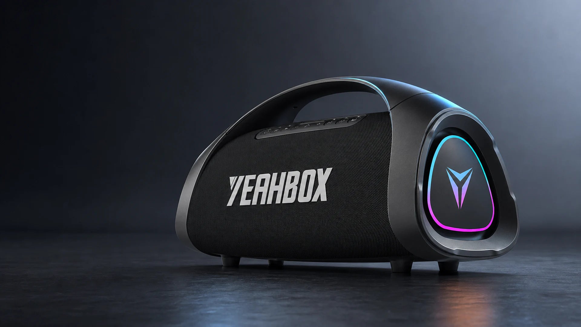 Complete Sonic Boom Max speaker at a front-right angle in a dark studio with its real side RGB lighting visible