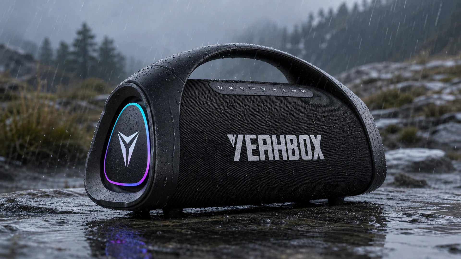 Sonic Boom Max in rain on a wet solid surface with splash protection shown without immersion