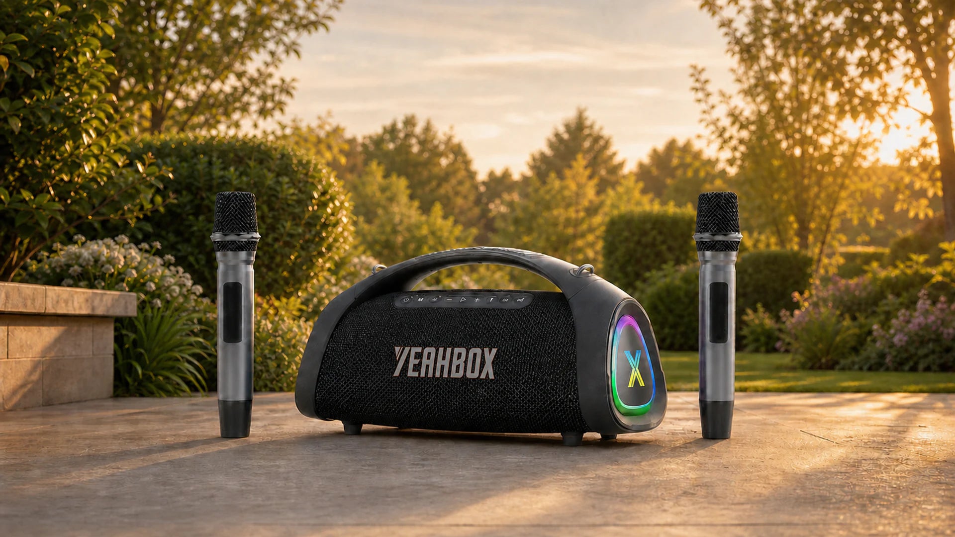 Sonic Boom Max K at sunset with exactly two matching wireless microphones
