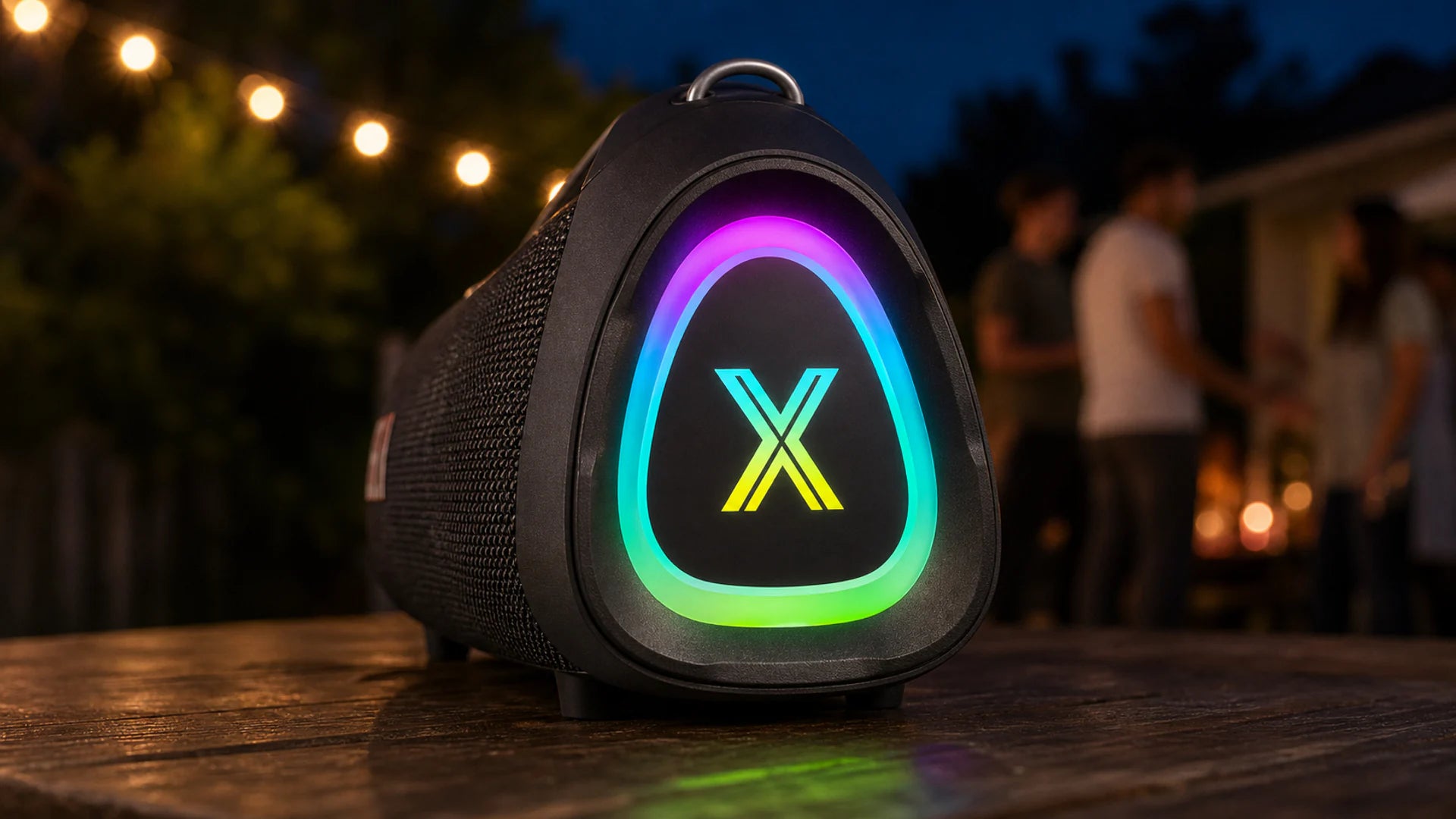 Sonic Boom Max K side lighting adding a restrained glow to a natural backyard gathering