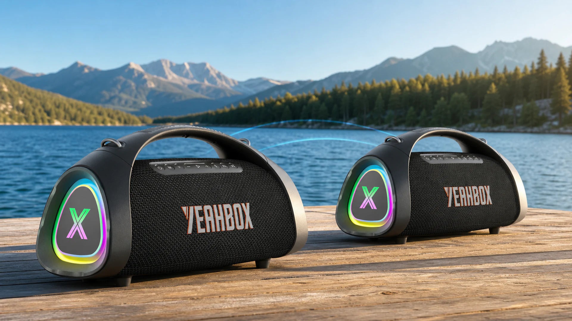 Exactly two Sonic Boom Max K speakers paired across a natural outdoor soundstage