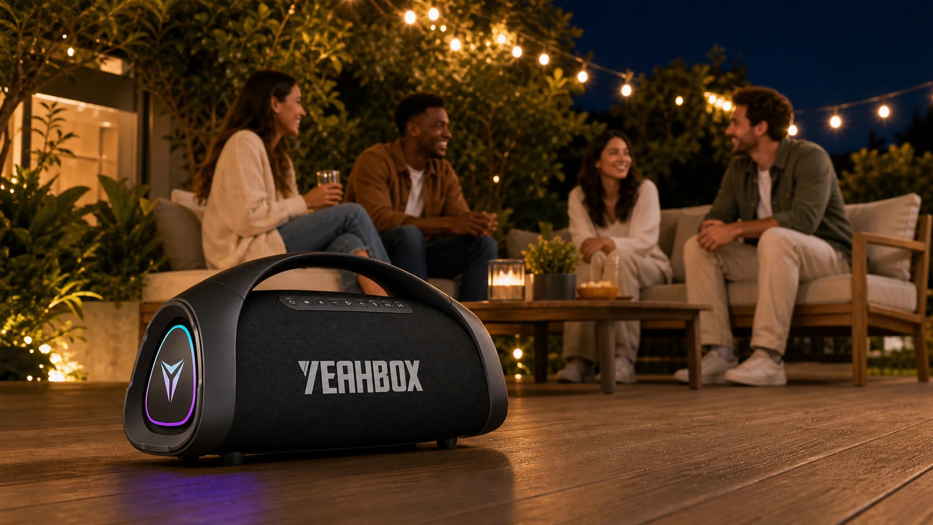 Sonic Boom Max at a natural backyard gathering with warm string lights and RGB light only at the real side radiator