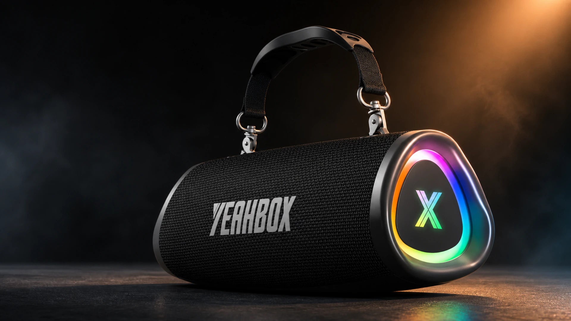 Black Sonic Boom Pop portable speaker with carry strap and illuminated X endcap
