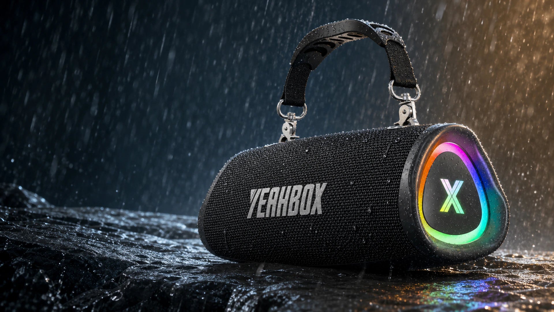 Black Sonic Boom Pop on wet stone with rain splashing around the speaker