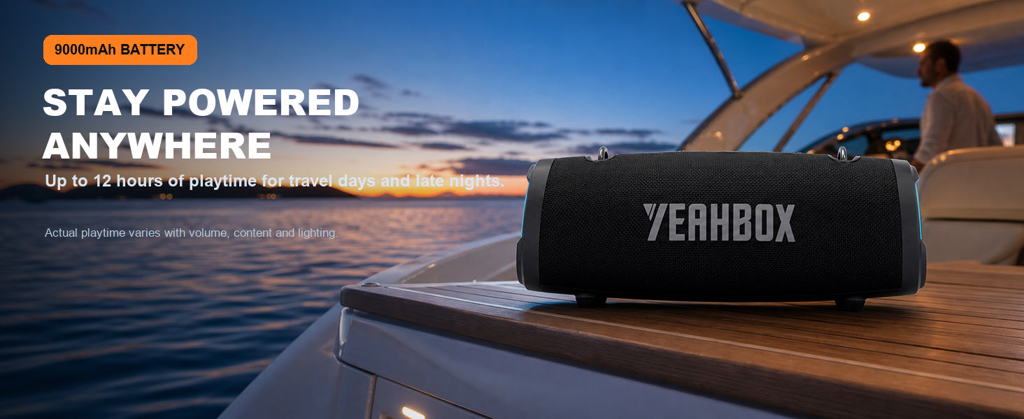 Sonic Boom speaker playing beside the water on a boat at sunset