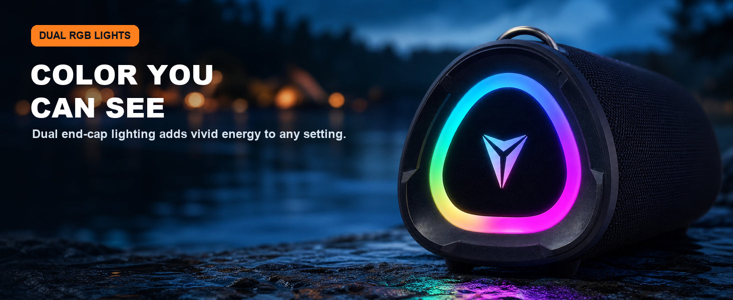 Sonic Boom end cap glowing with vivid multicolor RGB light at night
