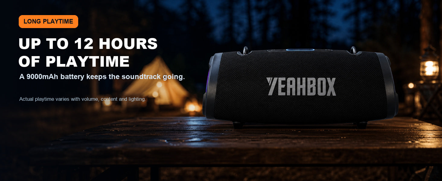 Sonic Boom speaker playing on a campsite table during an evening outdoors