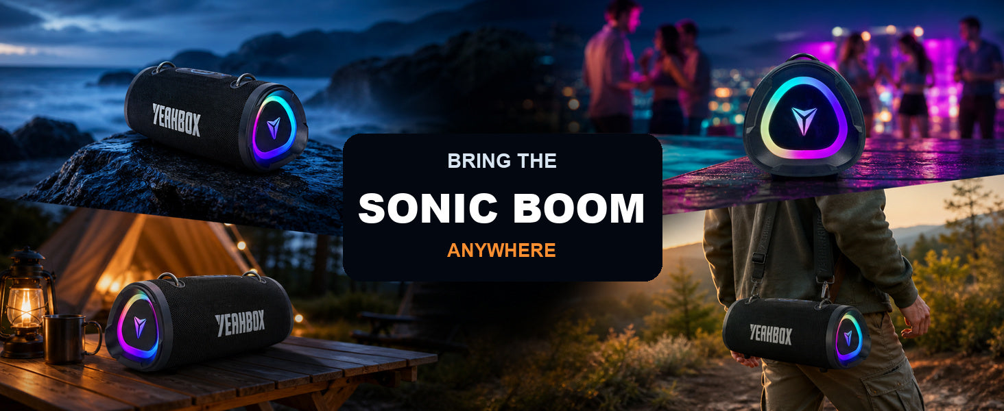 Four outdoor Sonic Boom listening scenes including waterside, campsite, and evening use