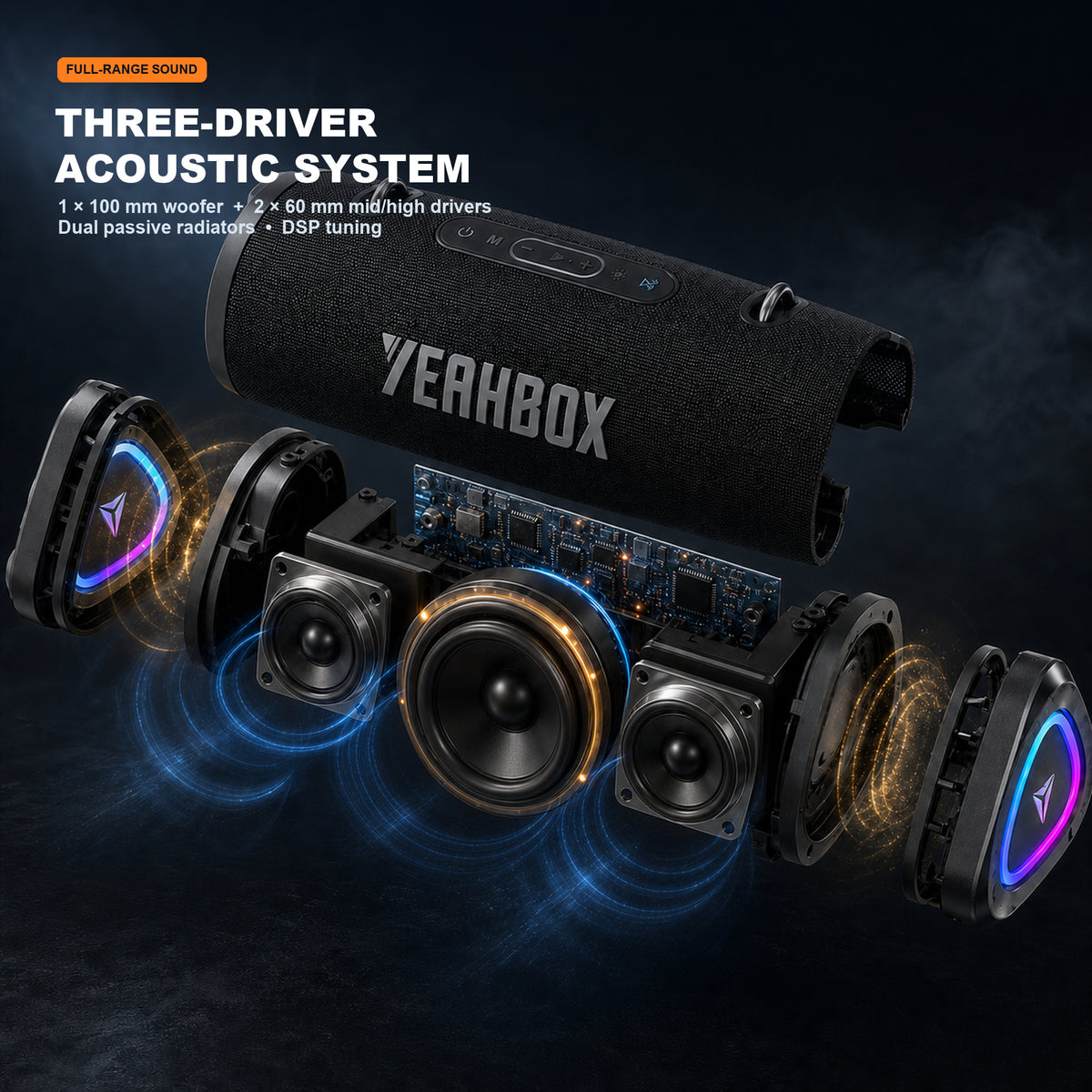 Three-driver Sonic Boom acoustic system with one woofer and two mid-high drivers