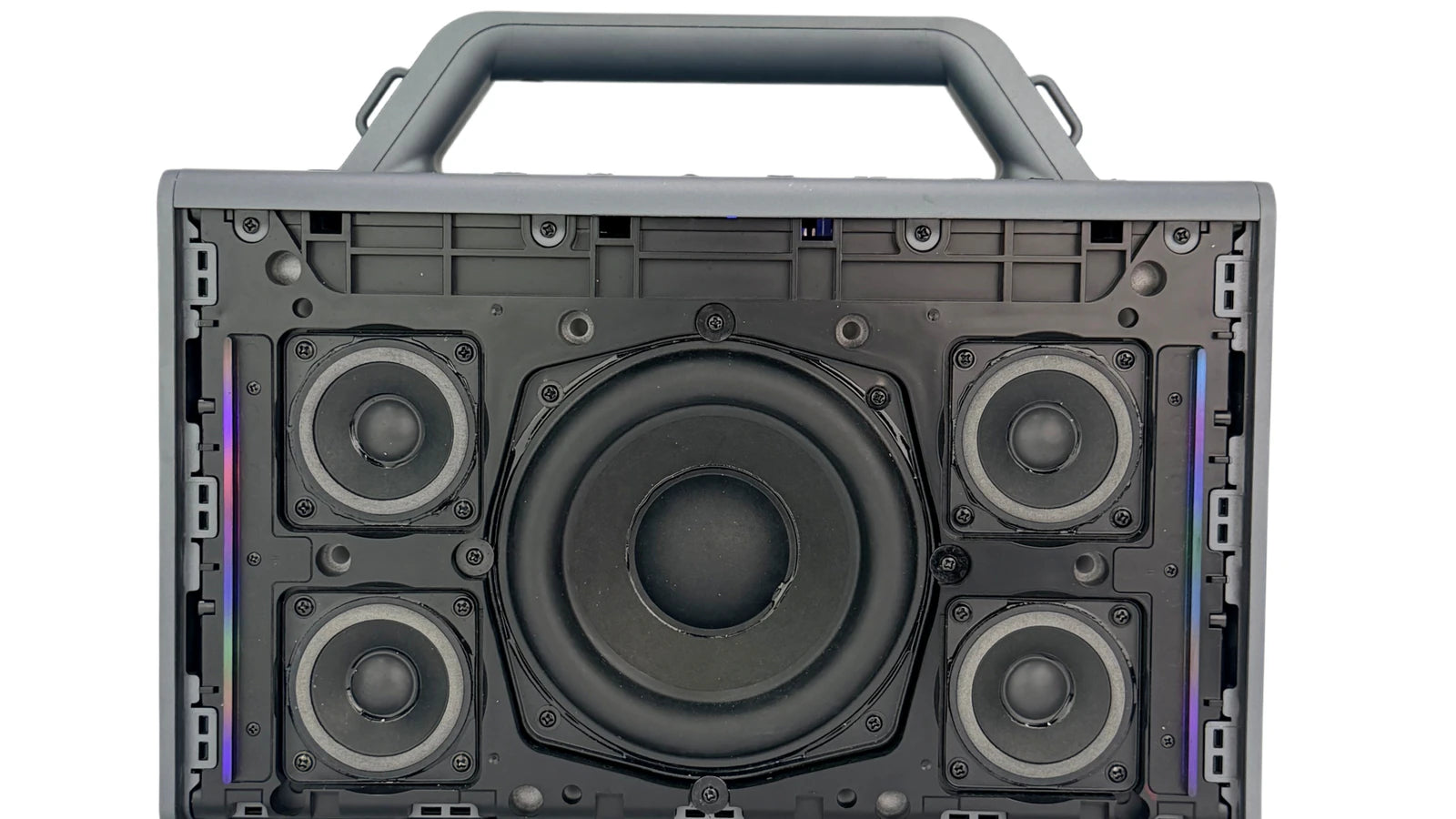 Thunder 500 with its grille removed, showing one central woofer and four surrounding mid-high drivers