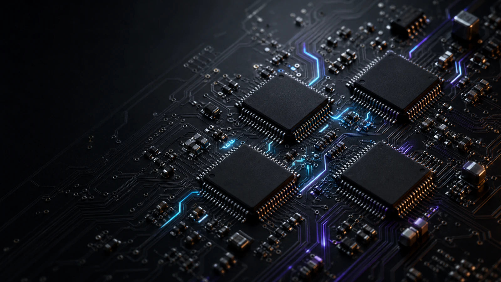 Conceptual unbranded PCB with four blank processors illustrating the Thunder 500 audio architecture