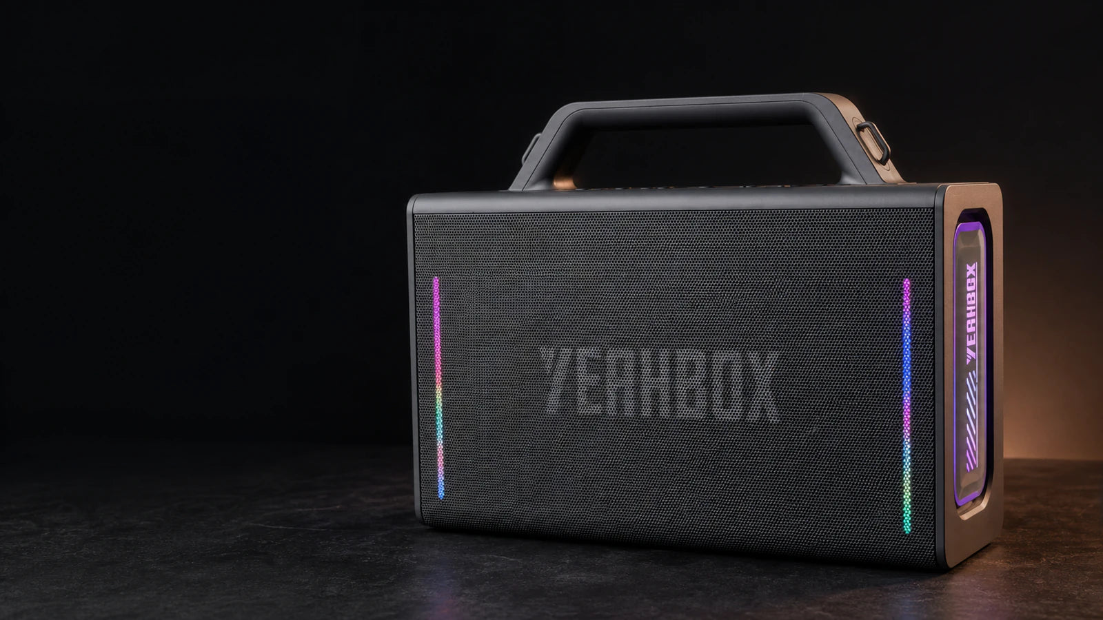 Thunder 500 portable speaker staged on a dark studio surface with dual-side RGB light bars