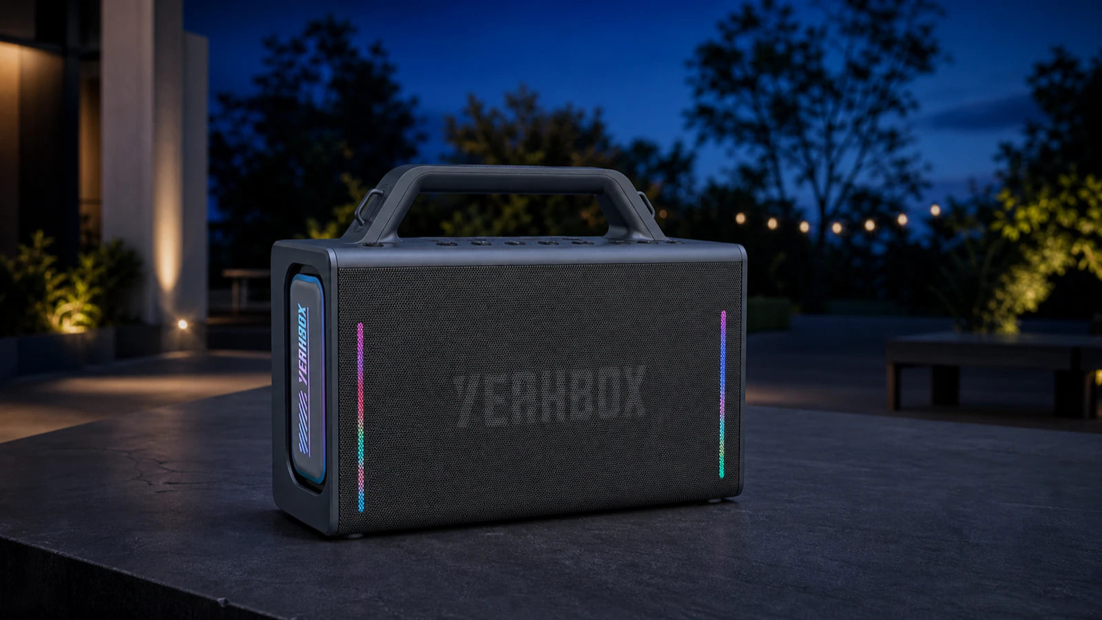 Thunder 500 casting dual-side RGB light across an evening garden setting