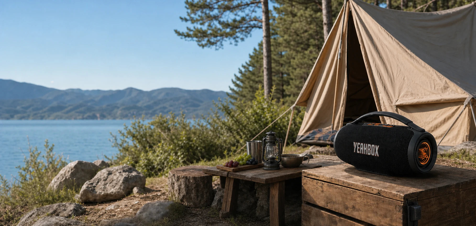 Sonic Boom Ultra at a quiet lakeside campsite with natural outdoor color and a stable wooden surface
