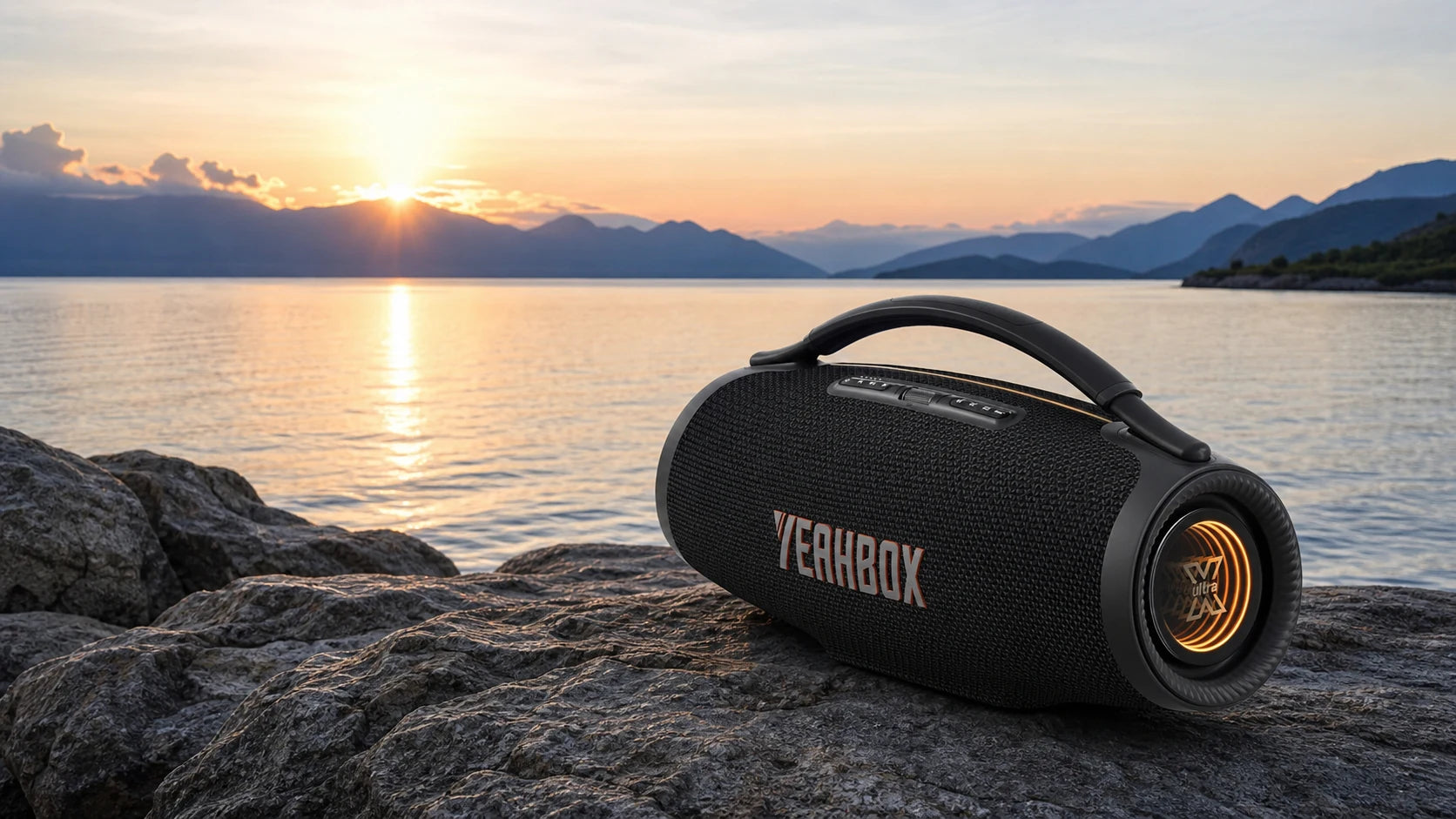 Sonic Boom Ultra on natural rock beside blue water and mountains at sunset