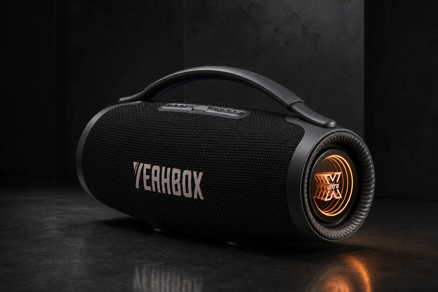 Complete Sonic Boom Ultra portable speaker in a dark studio with its orange infinity-mirror radiator illuminated