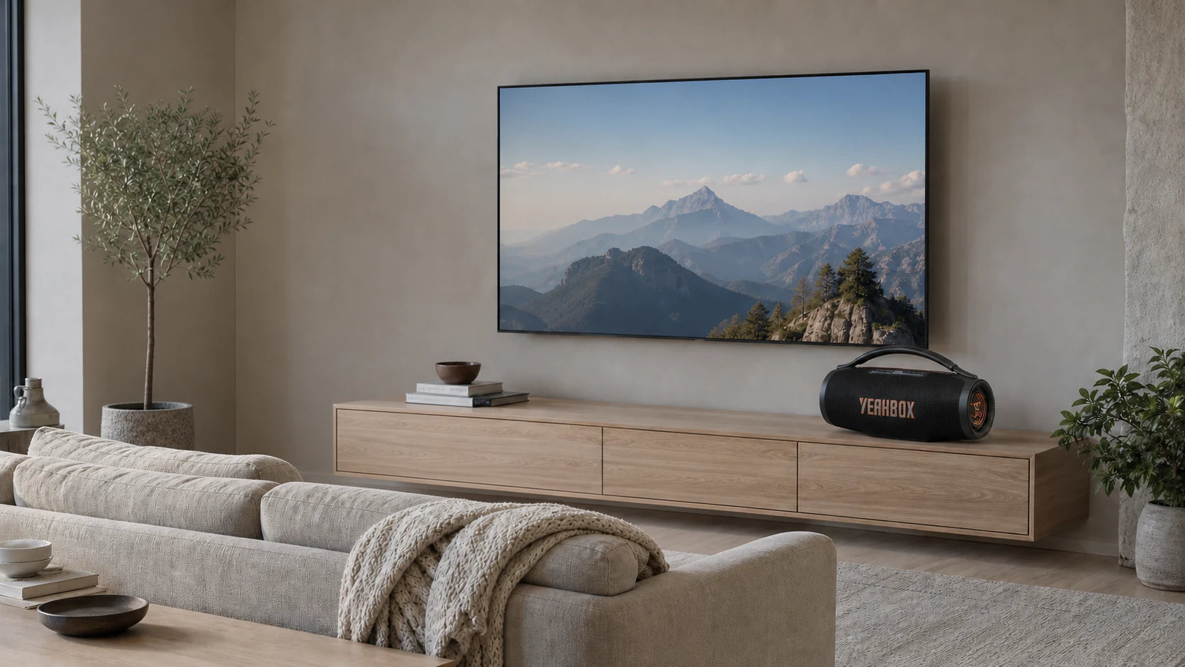 Sonic Boom Ultra in a neutral home cinema connected to a television showing blue mountains