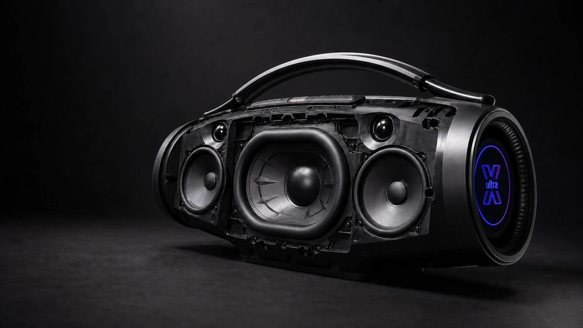 Ultra K with its verified central racetrack woofer, two midrange drivers, two tweeters, and blue-violet side radiator revealed