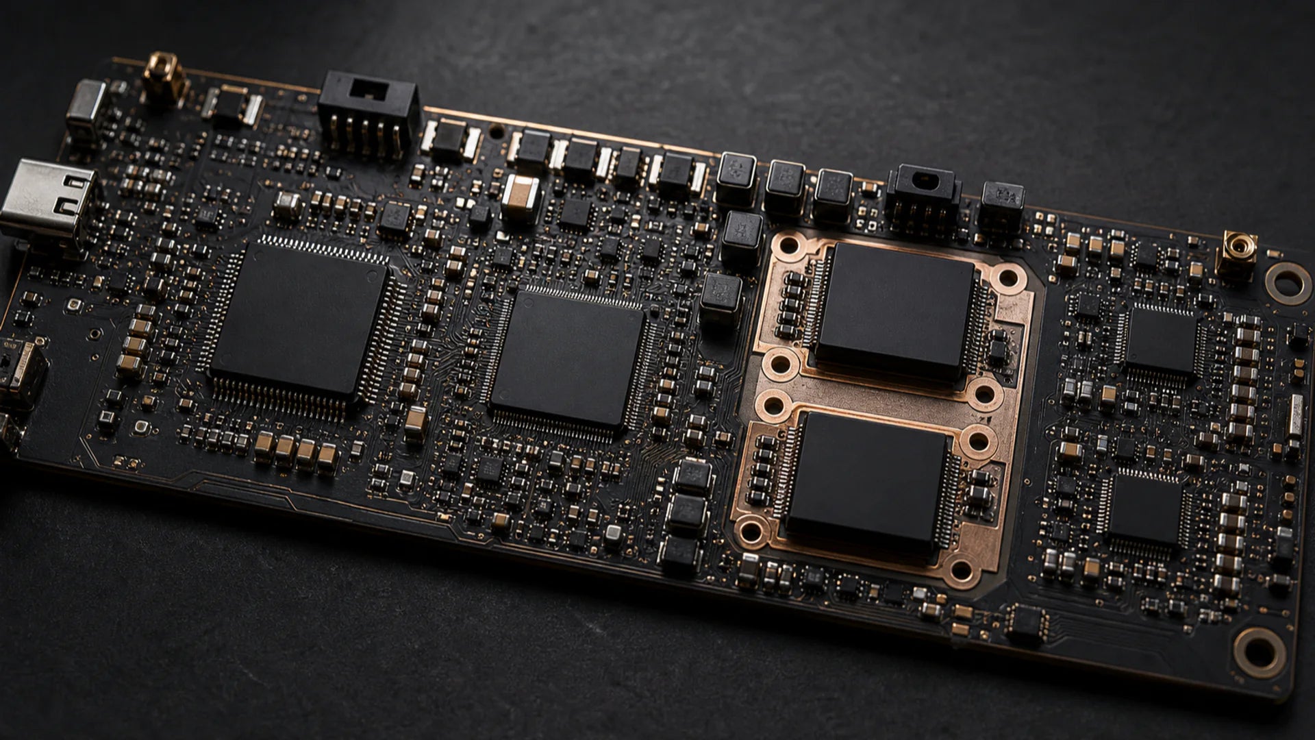 Dark precision audio circuit board with fine soldering and restrained orange edge light