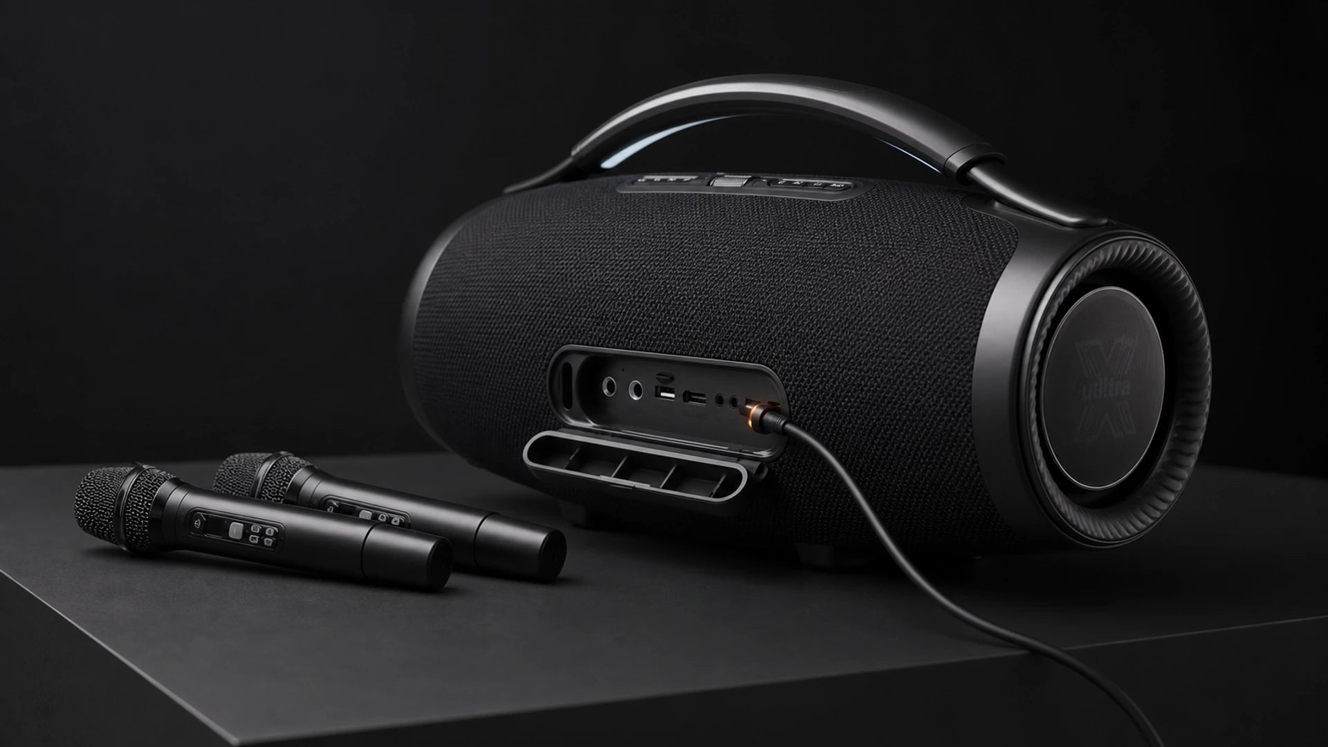 Ultra K charging through its verified recessed connection panel with exactly two matching wireless microphones