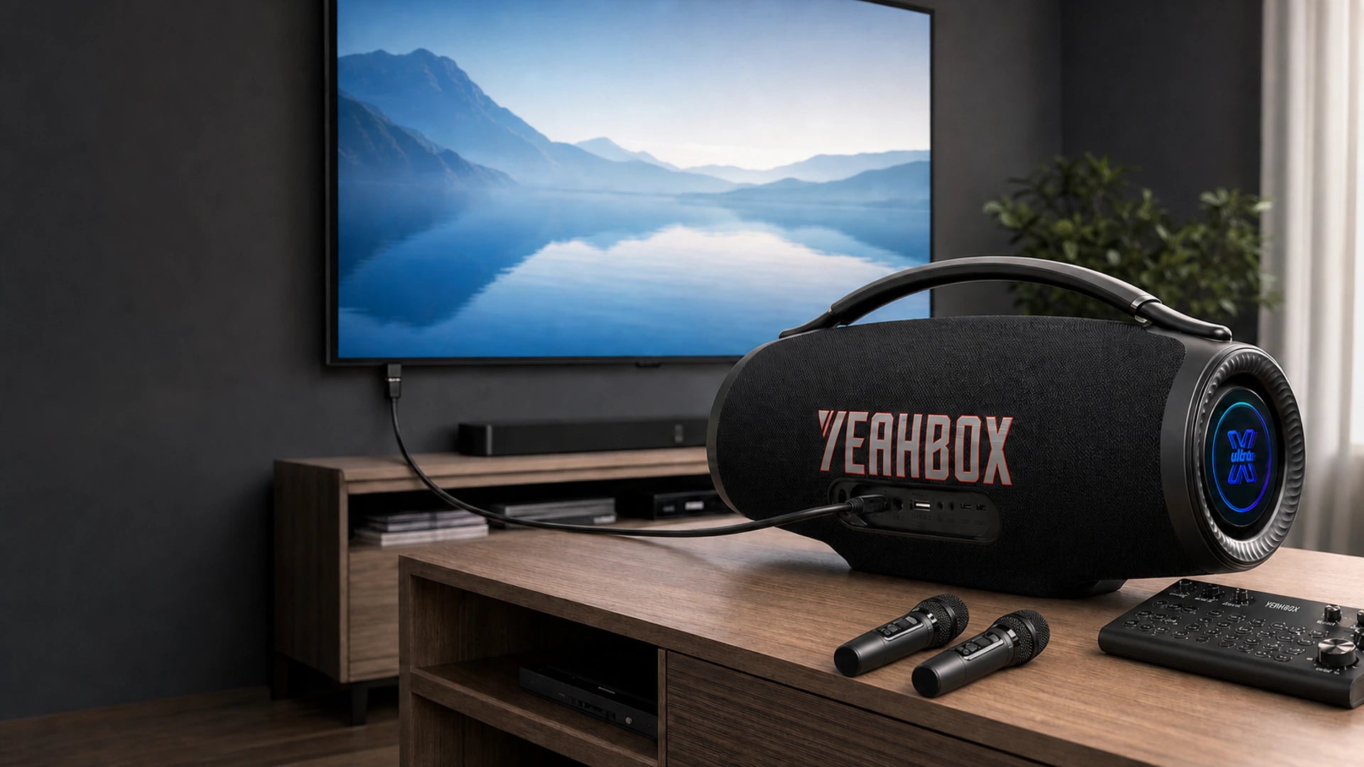 Ultra K connected by one HDMI cable to a television beside two microphones and the verified mixer