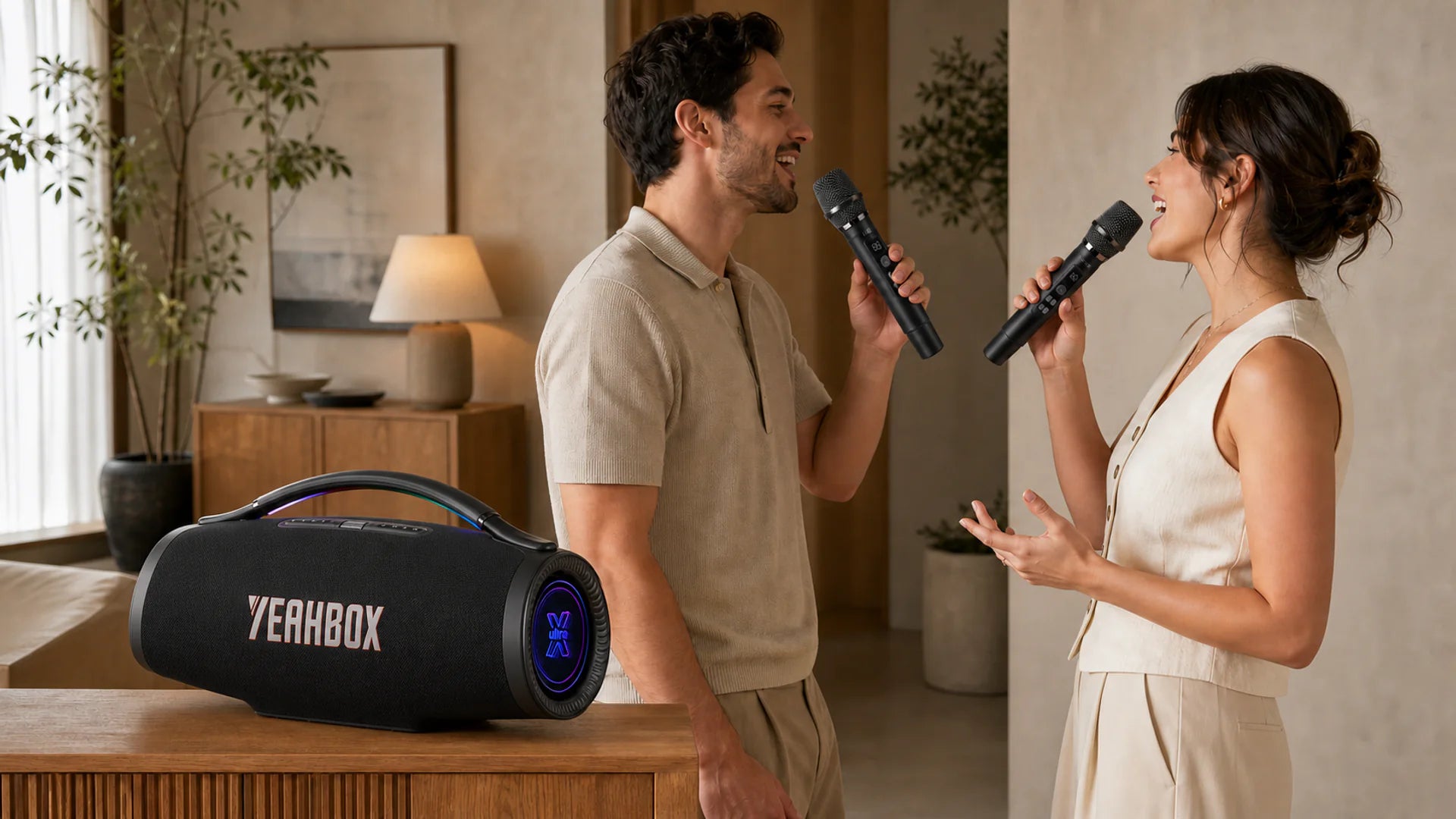Two people singing naturally with the two matching Sonic Boom Ultra K wireless microphones