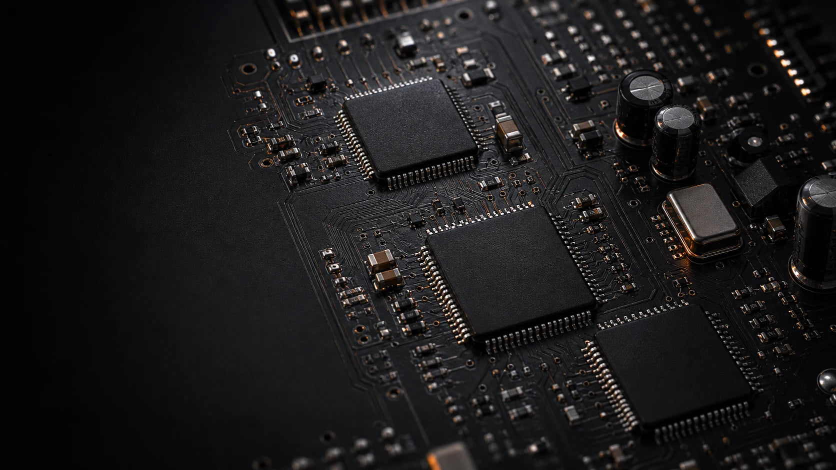 Dark audio circuit board with precision soldering and three control chips
