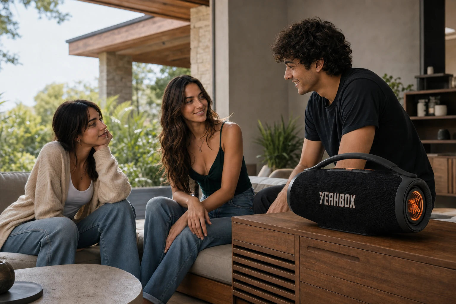 Friends listening together indoors with Sonic Boom Ultra placed securely on a low cabinet
